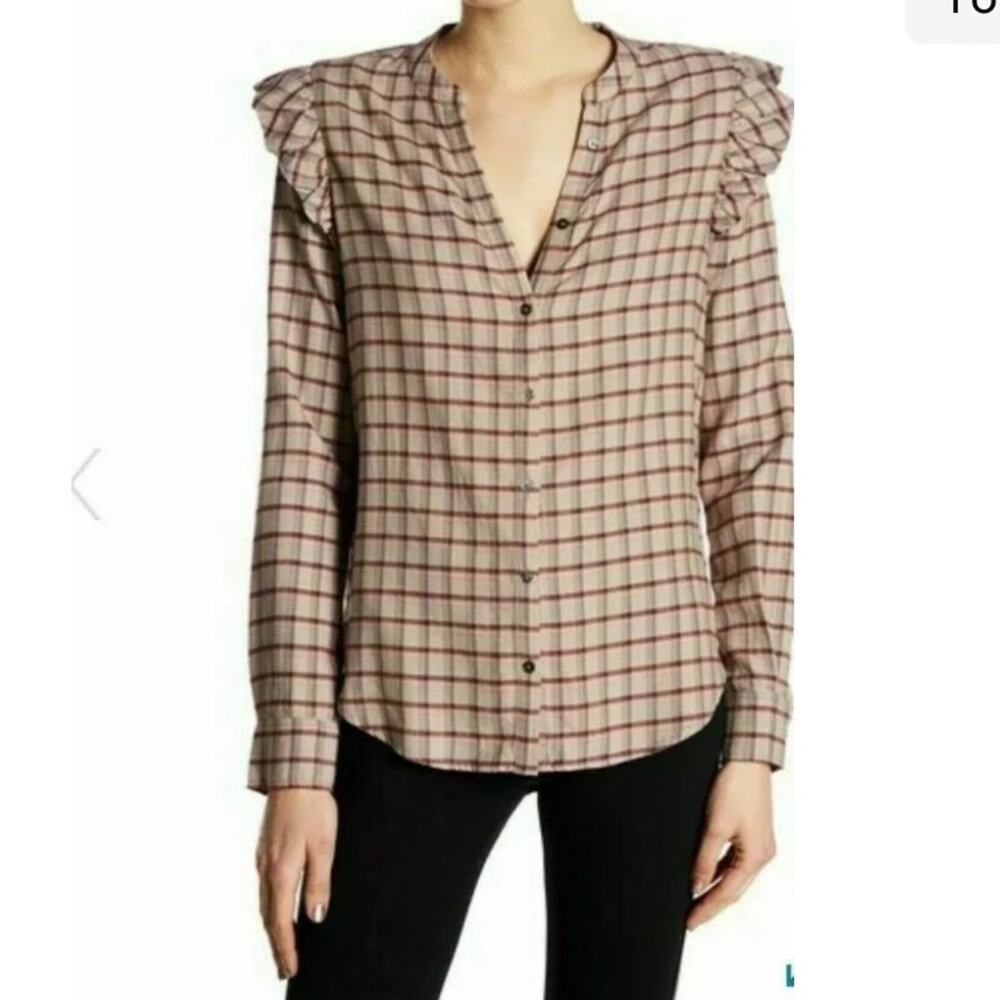 Paige Jenelle Ruffle Shoulders Plaid Long Sleeve Button‎ Down Shirt Size M